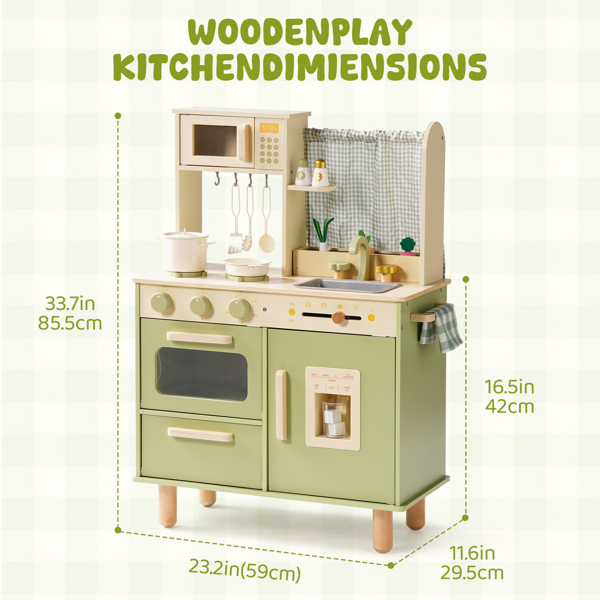 ROBUD Wooden Play Kitchen dimensions diagram showing sage green cabinet 33.7 in tall, 23.2 in wide, and 16.5 in deep.