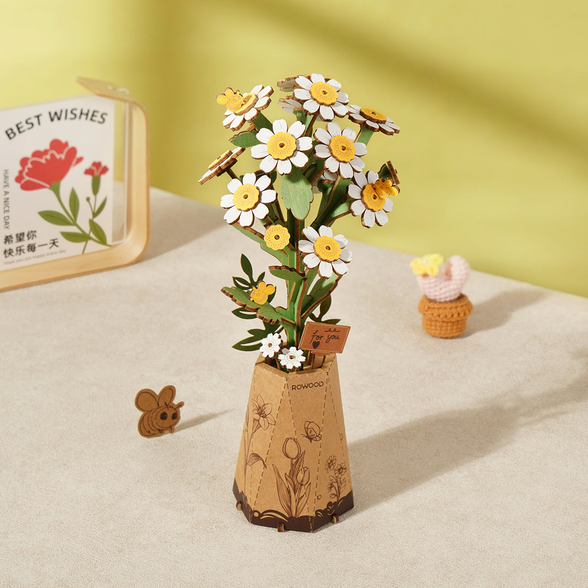 Rowood Wooden Flower Bouquet TW01H 3D wooden puzzle, exploded view of components and parts