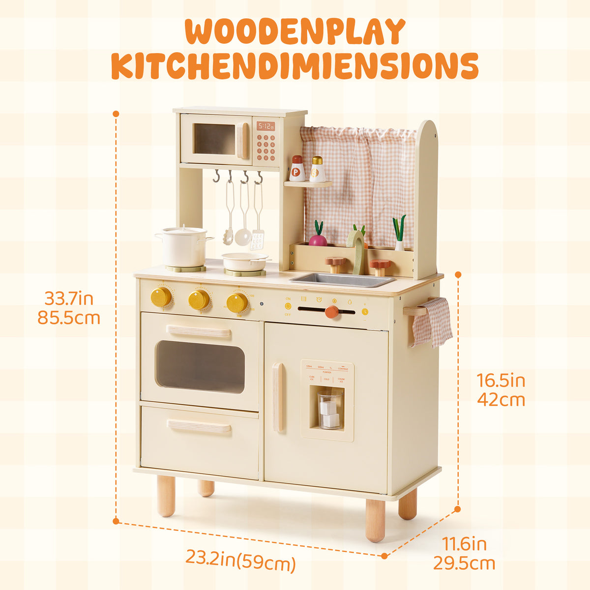 ROBUD cream wooden play kitchen dimensions diagram: 33.7 in tall, 23.2 in wide, and 16.5 in side depth.