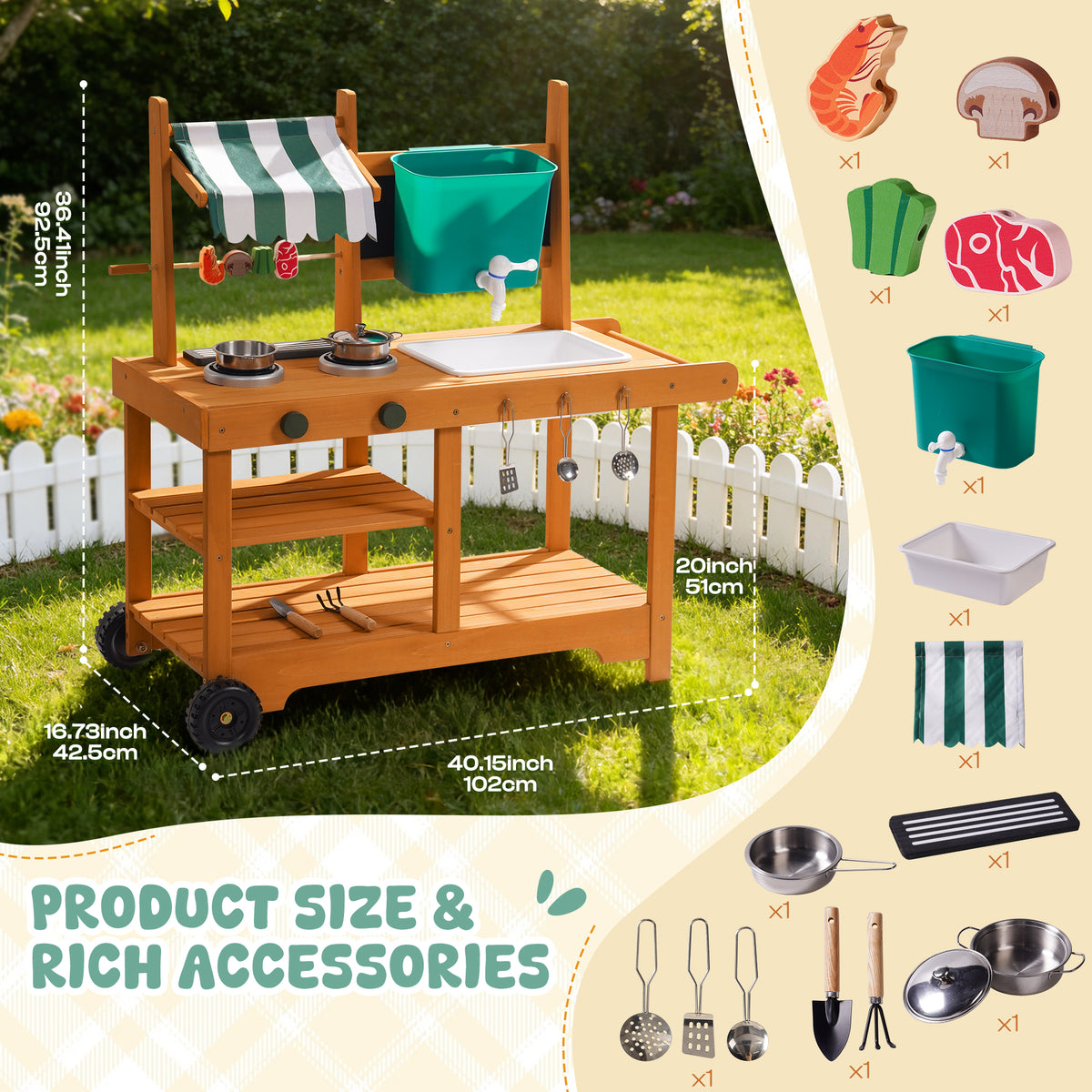 ROBUD wheeled outdoor mud kitchen showing portable wheels feature and rolling action on pavement with a girl playing nearby
