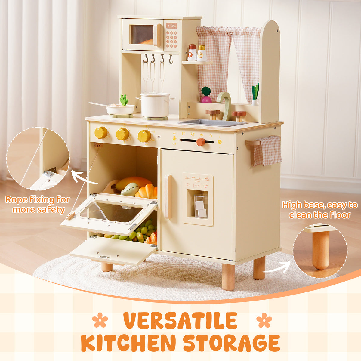 ROBUD cream wooden play kitchen with pull-out lower storage basket and upper shelves shown for versatile kitchen storage.