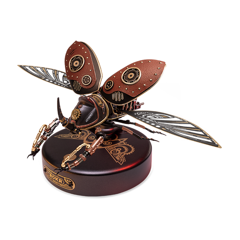 ROKR Scout Beetle MI02 metal model with red and gold finish, wings spread over a circular display base