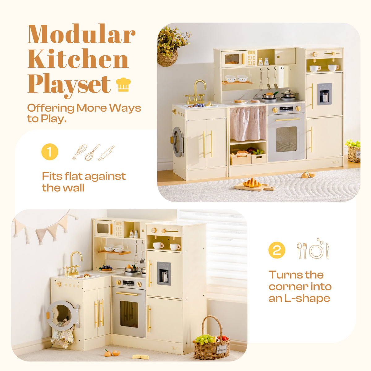 ROBUD modular kitchen playset shown in flat-against-wall configuration and folded L-shape corner layout side by side.