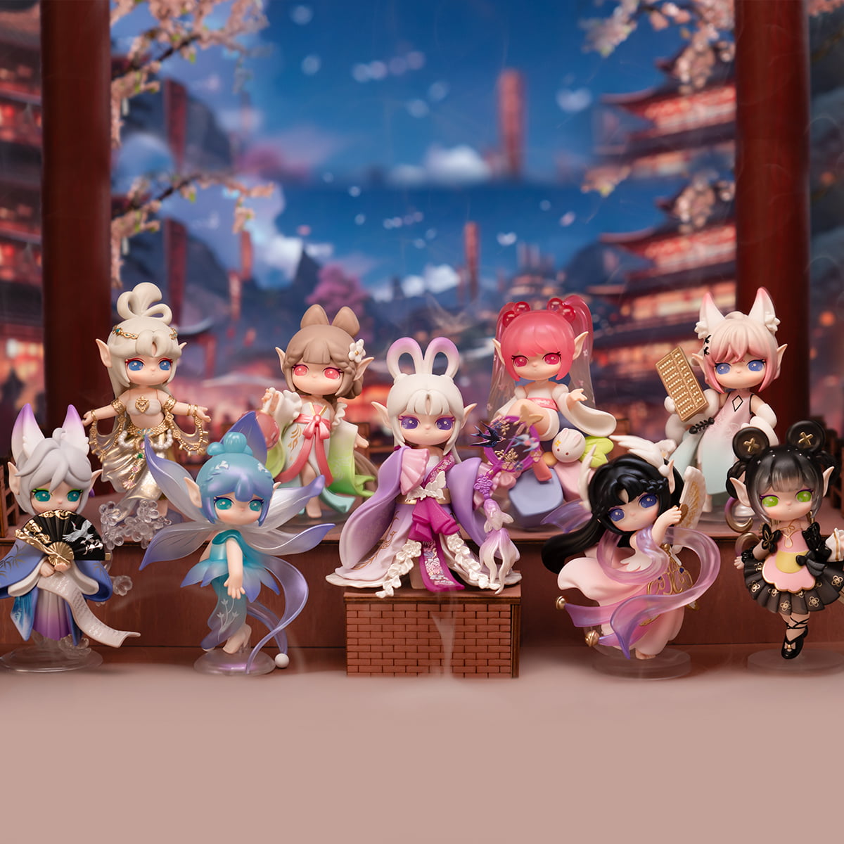 Rolife Suri Lingfeng Town figures sit on a table in a lantern lit miniature scene.