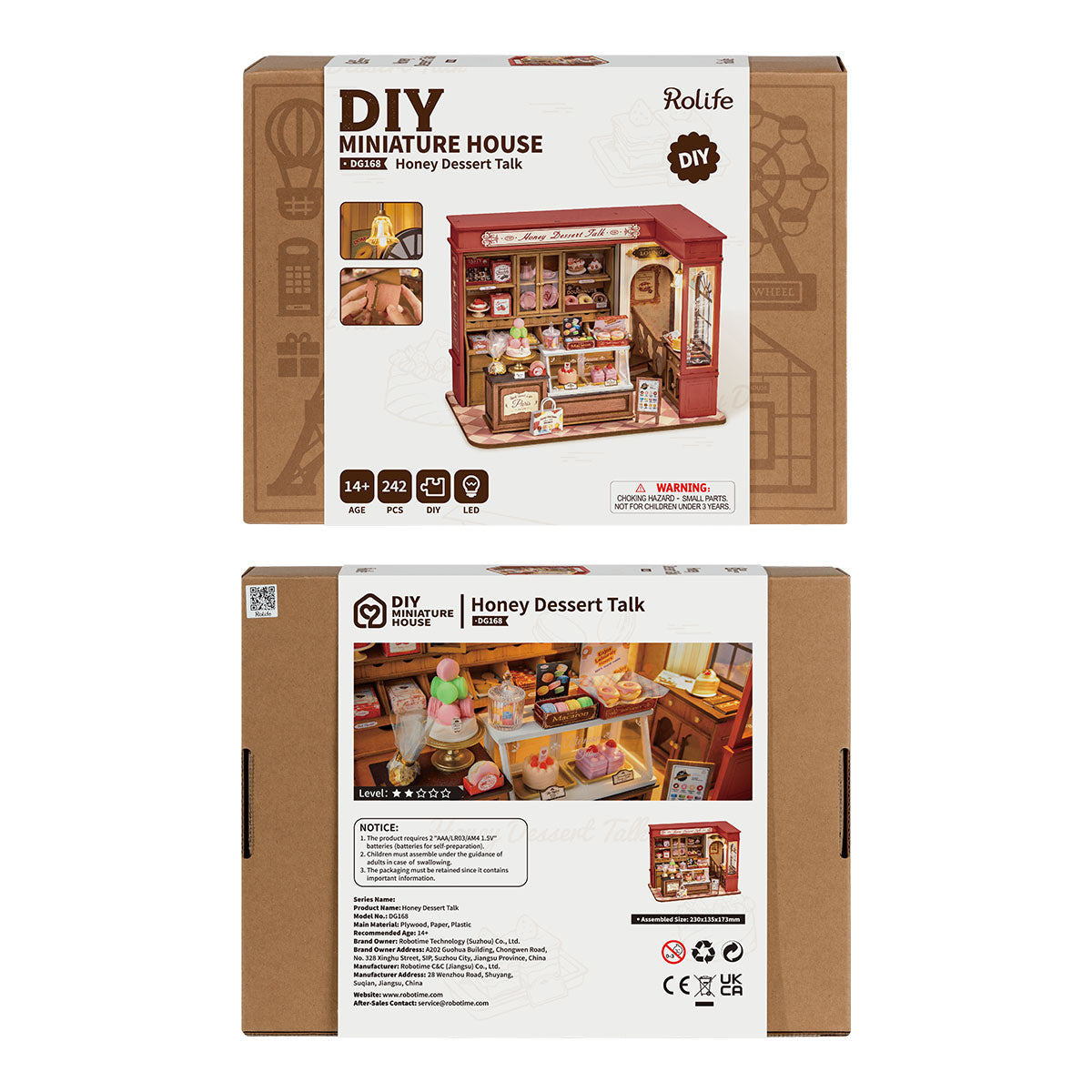 Rolife Honey Dessert Talk DG168 retail packaging box front and back panels showing product name and assembly difficulty icons