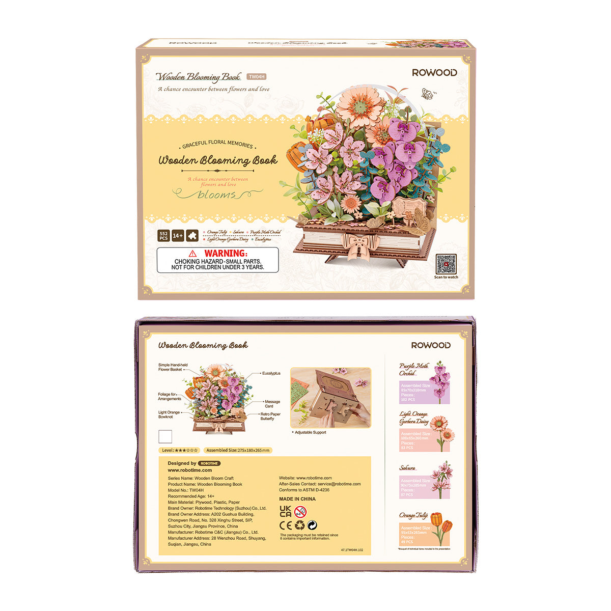 Rowood Wooden Blooming Book Flower Bouquet 3D Puzzle TW04H 3D wooden flower puzzle, parts and pieces laid out before assembly