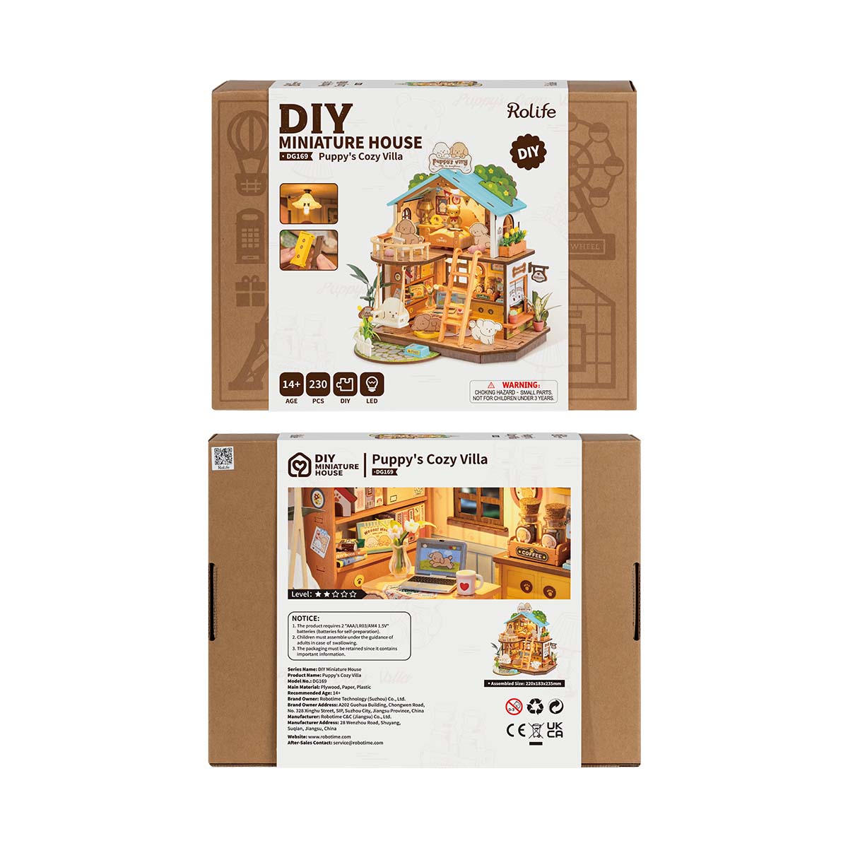 Rolife Puppy Cozy Villa DIY miniature house retail box showing front artwork and back product specs panel
