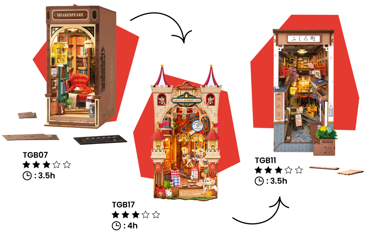 ROKR Magic Harp 3D wooden puzzle promoted as It's Back! 2000+ Sold Out in a lush green library setting.