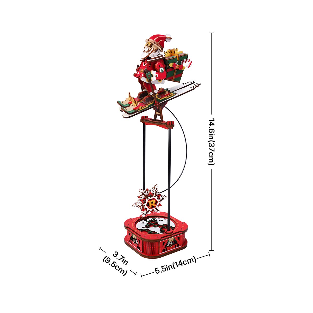 ROKR Santa on Skis Pendulum Balance Toy 3D Puzzle MCD06 3D wooden puzzle model, parts and pieces laid out before assembly