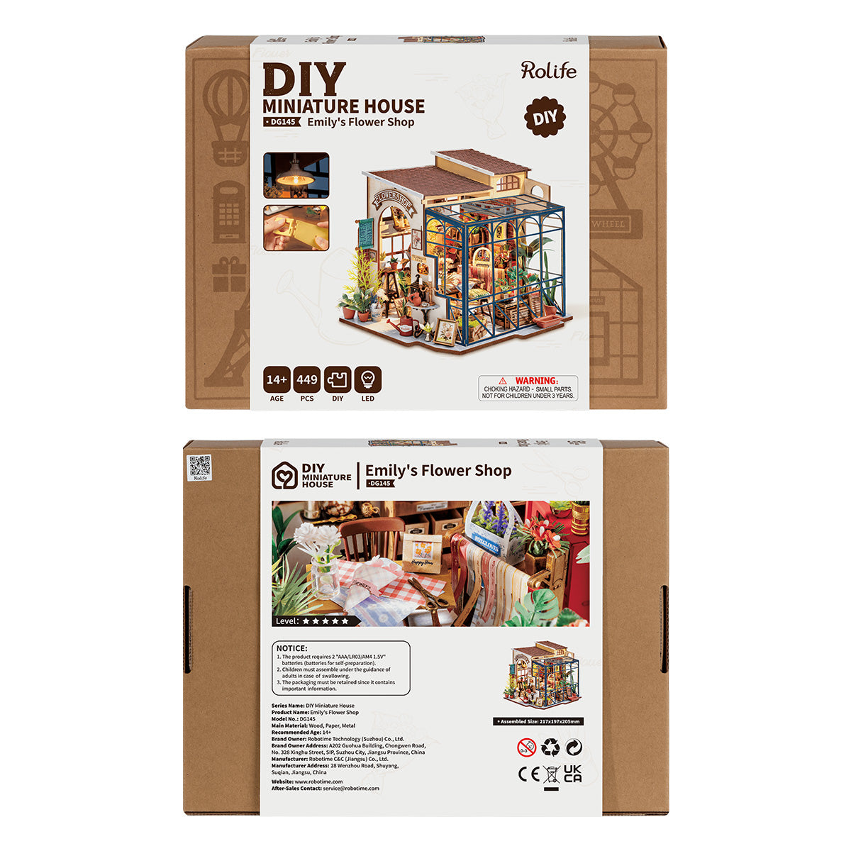 Rolife Emily's Flower Shop DG145 DIY miniature house retail box front and back panels showing 449-piece kit contents, LED lighting, age 14 plus label and assembly details