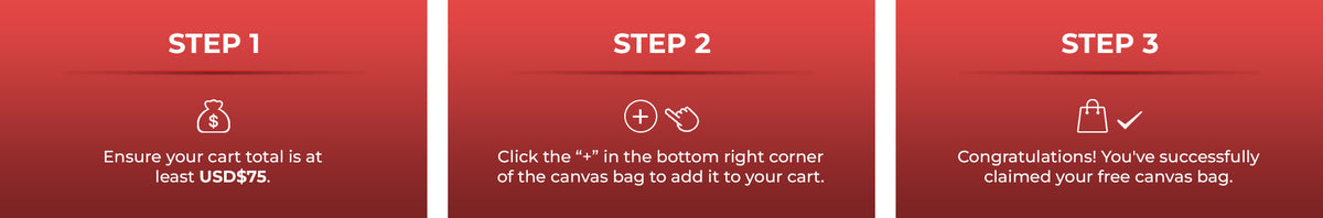 Red three panel sale guide with step numbers and simple white line icons.