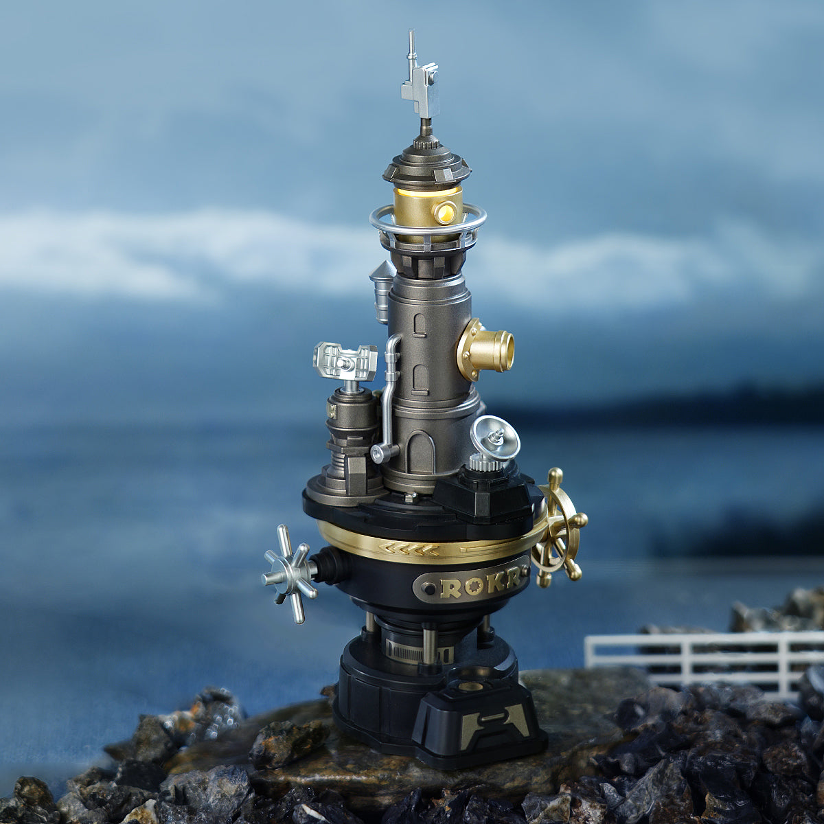 ROKR Navi Lighthouse Mechanical 3D Puzzle CGM01 3D wooden architecture model, angled view showing detail and craftsmanship