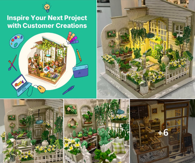 Rolife customer creation showcase featuring four completed miniature garden and cafe scenes with lush detail and LED lighting alongside a green promo card