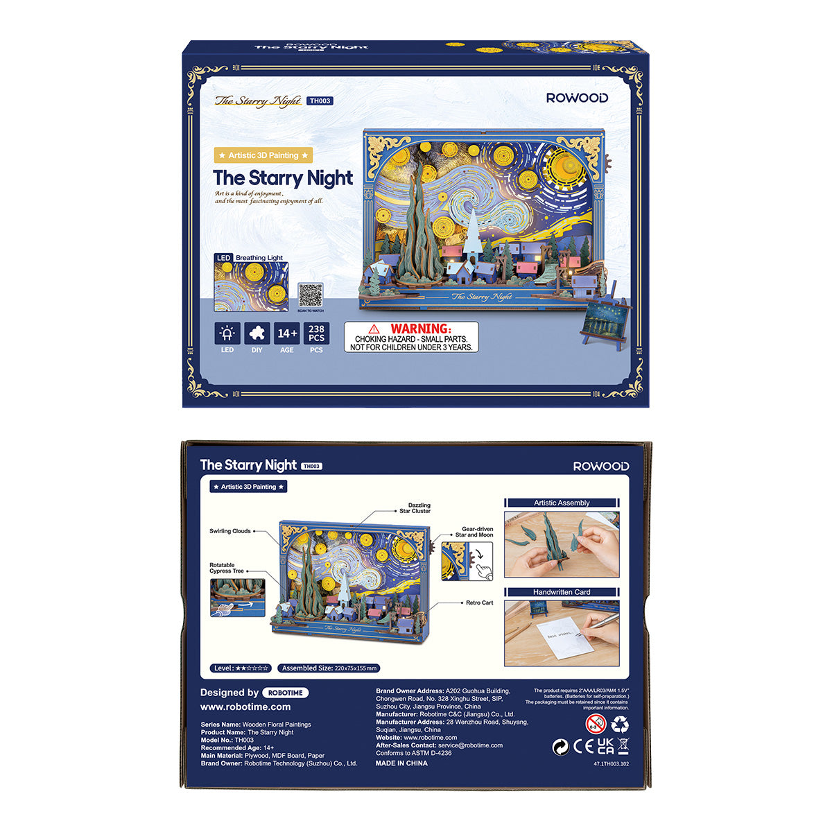 Rowood The Starry Night TH003 wooden puzzle front and back retail packaging showing assembly features and LED breathing light