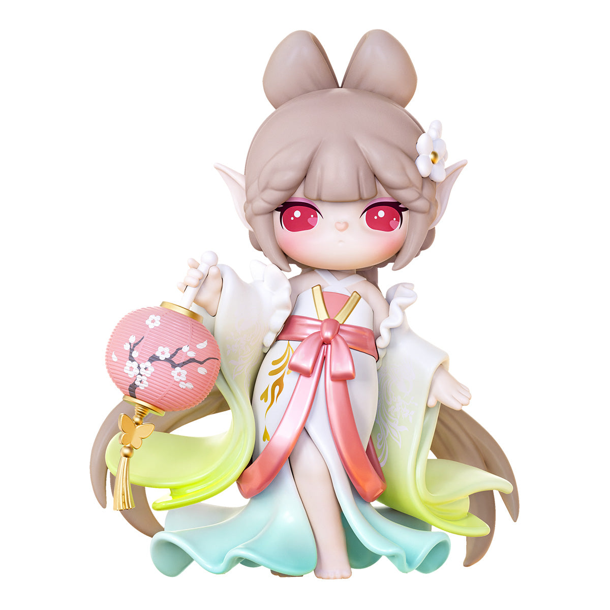 Rolife Nanci Poetic Beauty collectible figure with mushroom cap hat and green eyes wearing a yellow-green coat with mushroom-print shoes sitting on white background