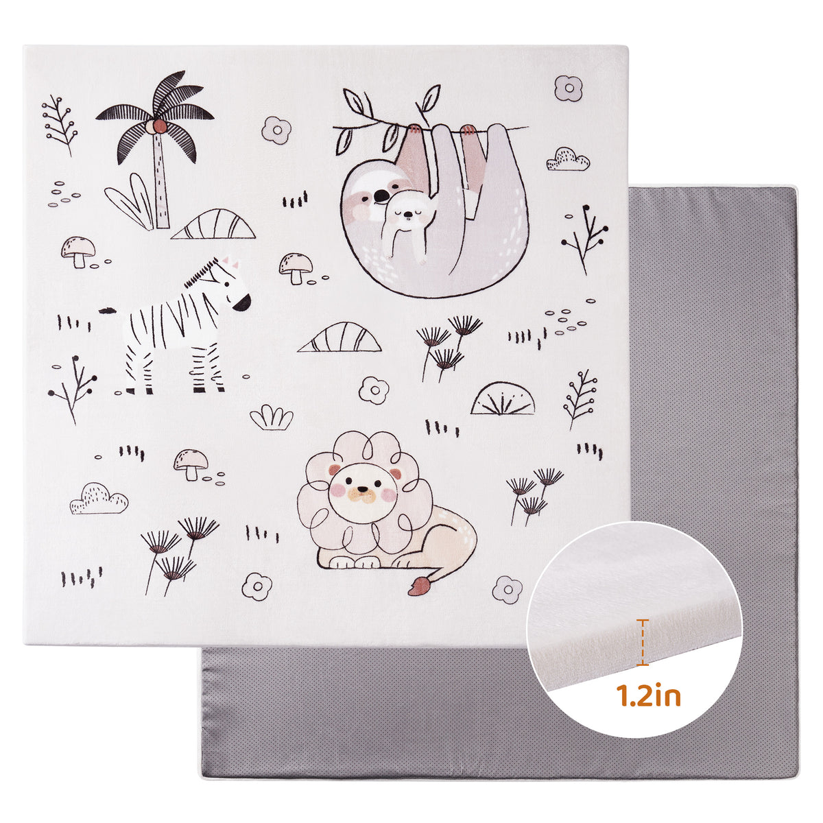ROBUD baby play mat displayed in a play yard pen with a baby sitting upright on the animal illustration surface, viewed from above inside a beige fabric enclosure