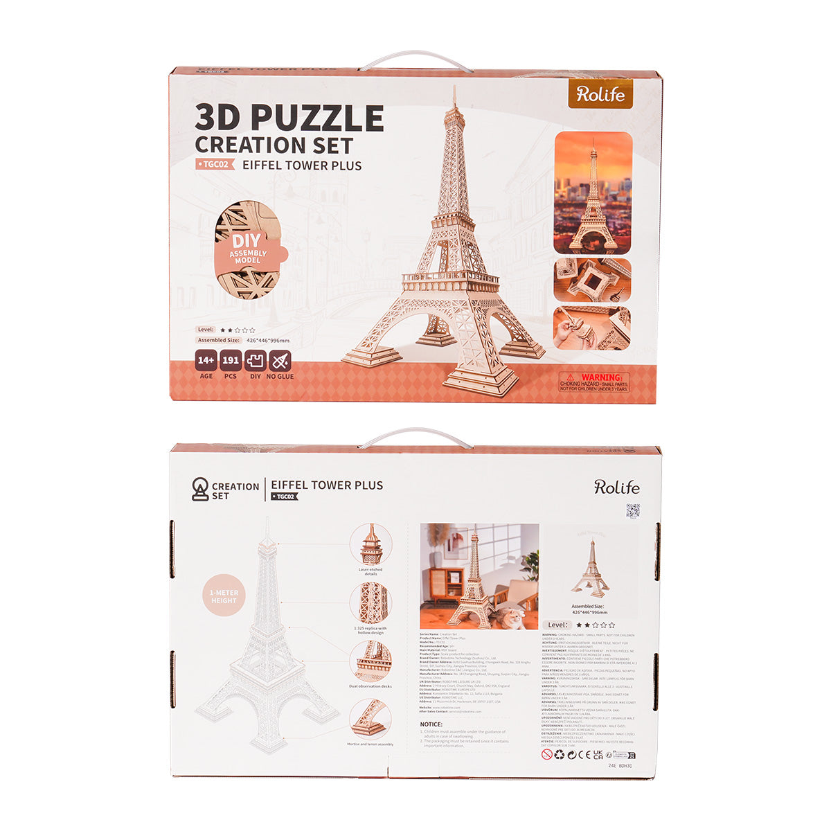 Rolife Eiffel Tower Plus packaging shown with instruction graphics and model preview panels.
