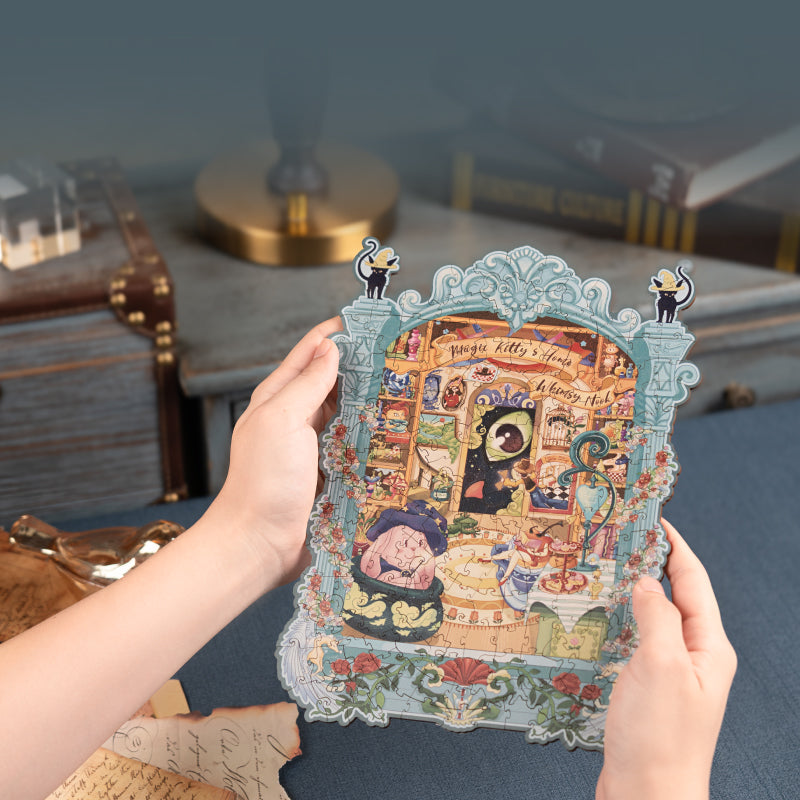 Rowood Magic Kitty's Home Wooden Jigsaw Puzzle TA009 3D wooden puzzle model, top-down view of layout and arrangement