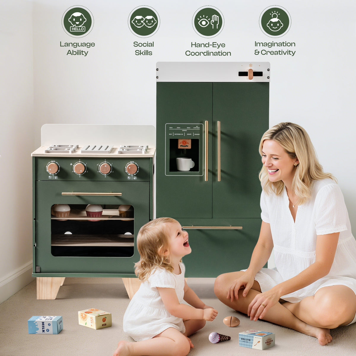 Mother and toddler laughing beside the ROBUD vintage green play kitchen and oven set in a bright room with learning skill icons