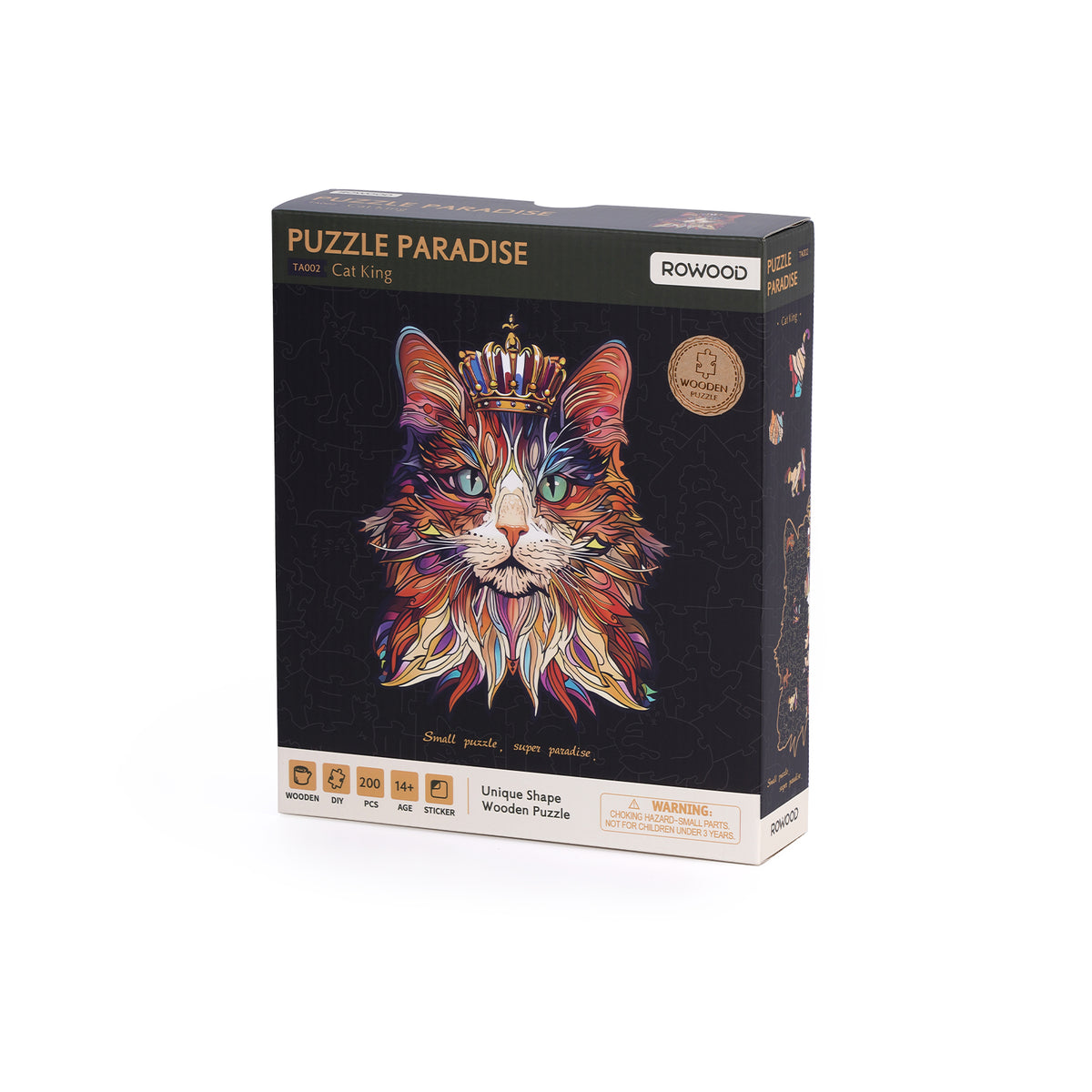 Rowood Cat King Puzzle Paradise box packaging standing upright on white, showing the colorful crowned cat portrait on a dark background.