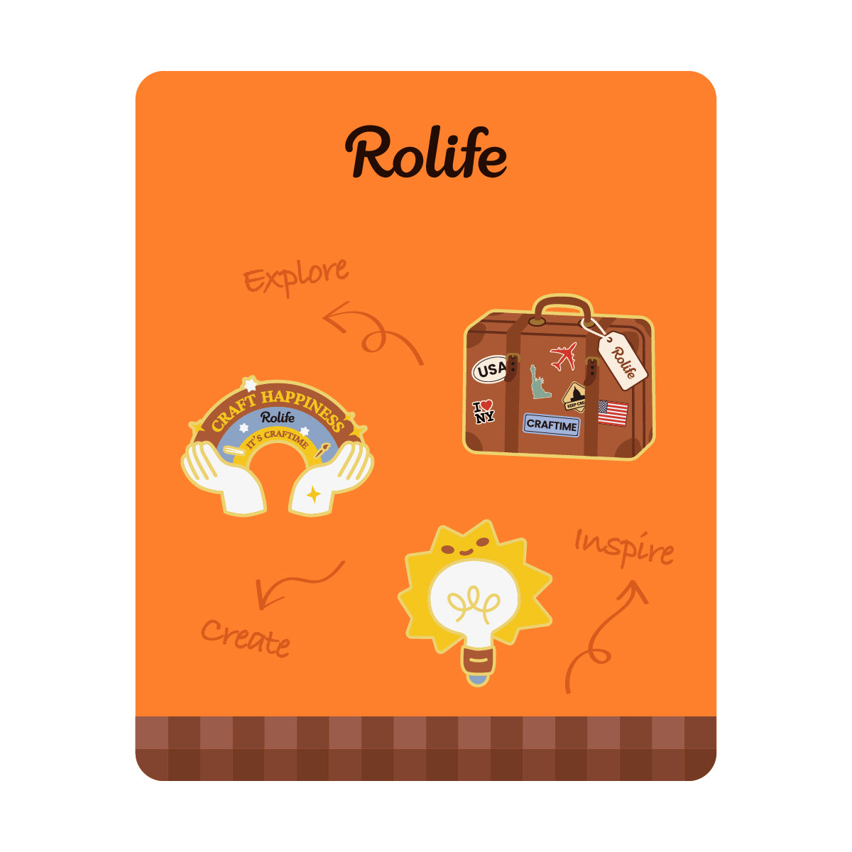 Orange Rolife card with a suitcase, light bulb and handwritten creative words