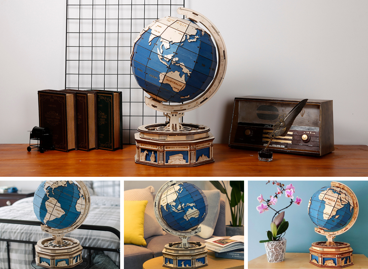 ROKR illuminated globe puzzle collage showing assembled blue and gold wooden globe on desk with books and vintage radio, plus two lifestyle detail insets