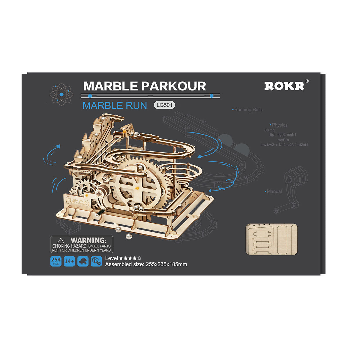 ROKR Marble Parkour LG501 retail packaging box with dark cover showing the assembled marble run model