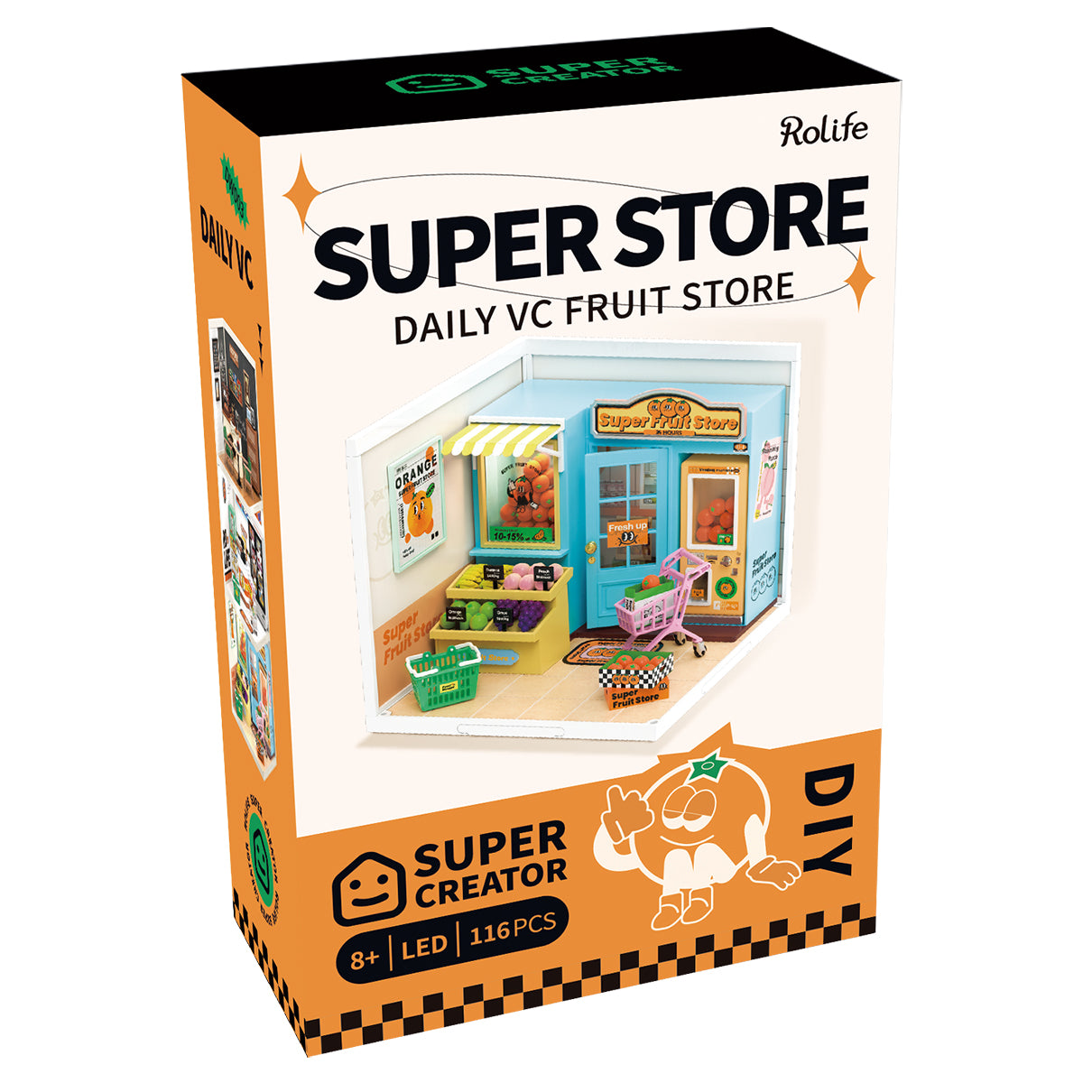Rolife Super Fruit Store DW003 miniature retail exterior with a teal door, striped awning over the produce window and