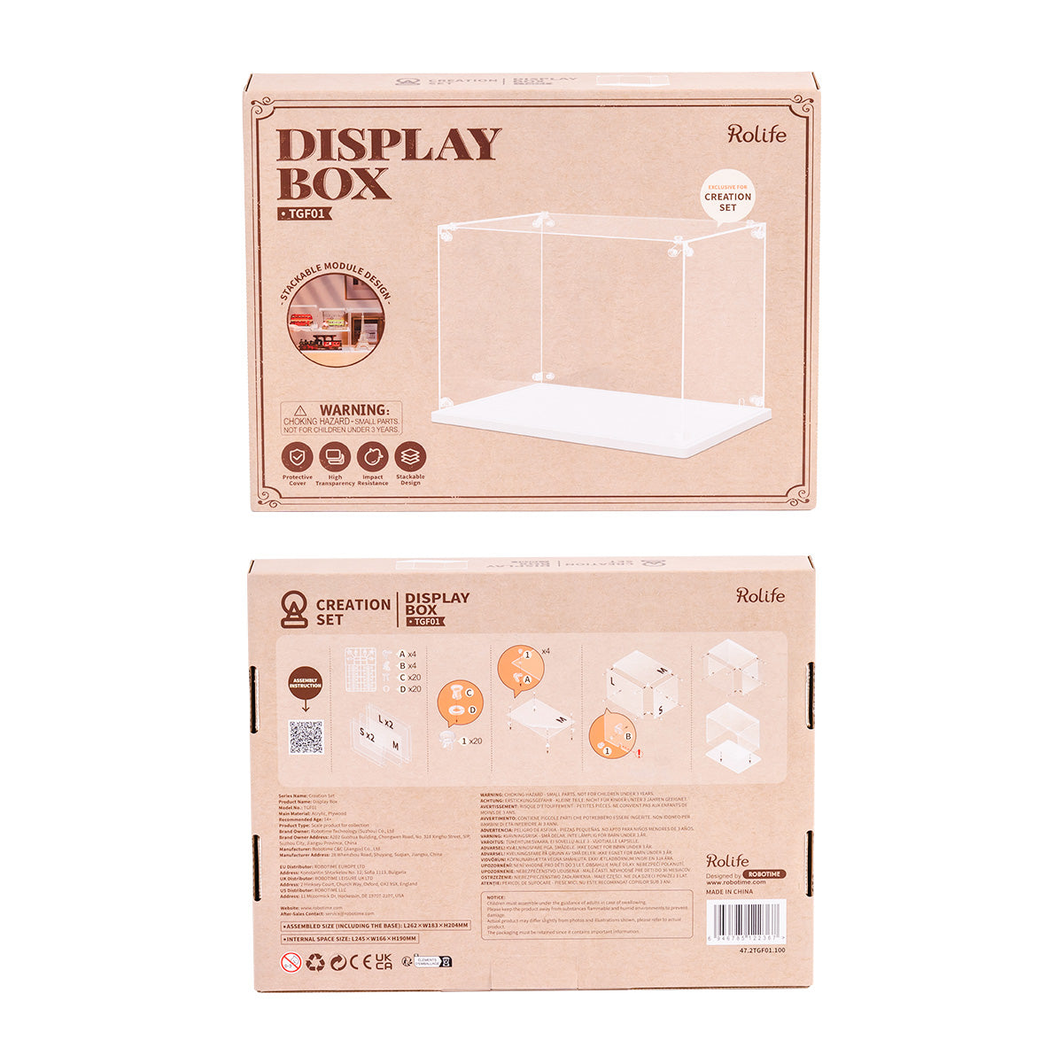 Rolife TGF01 Display Box retail packaging showing front and back of the pink and white box with product specs