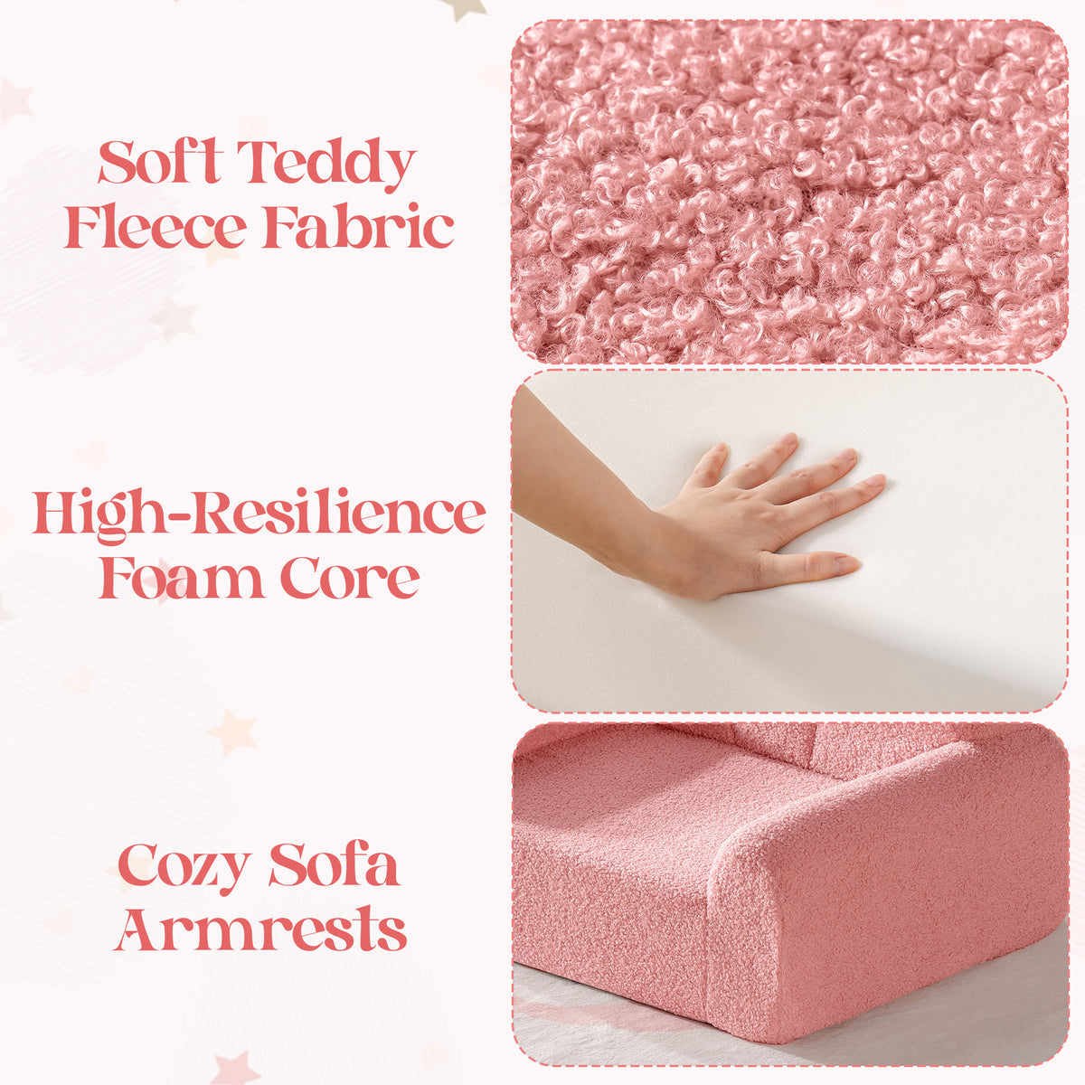 ROBUD Children's pink sofa soft teddy fleece fabric, high-resilience foam core and armrests feature card