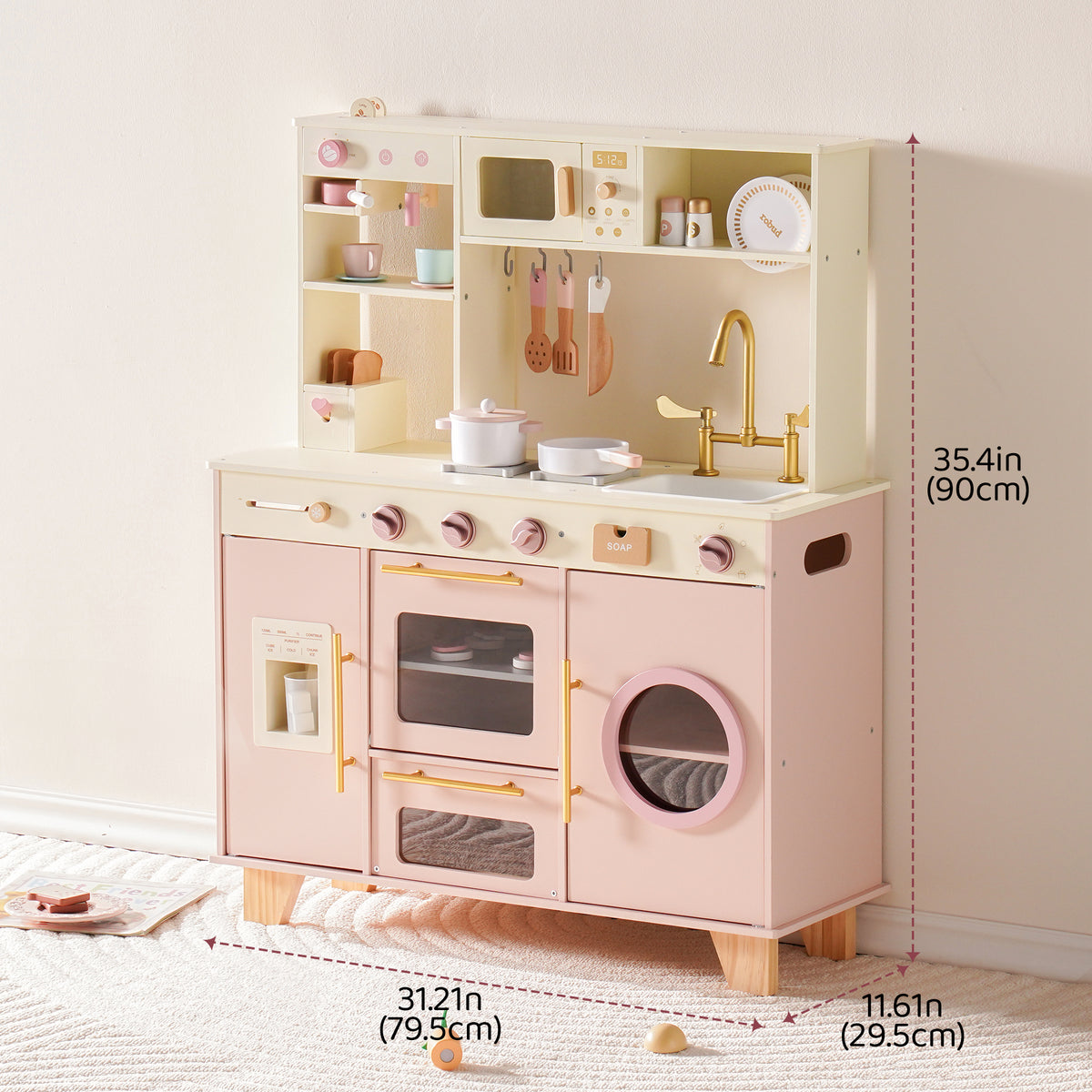 ROBUD Pink Baking Kitchen full-view showing pink and cream wooden play kitchen with refrigerator, washer and upper shelving unit