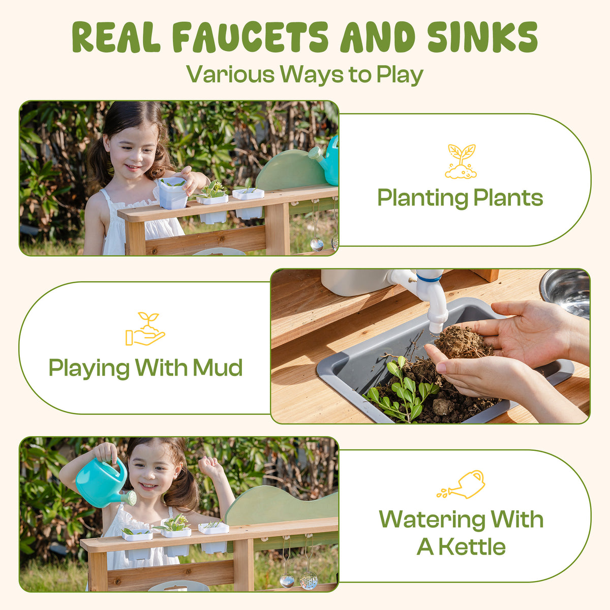 ROBUD Outdoor Mud Play Kitchen real faucets and sinks feature showing planting plants, playing with mud and watering with kettle activity photos