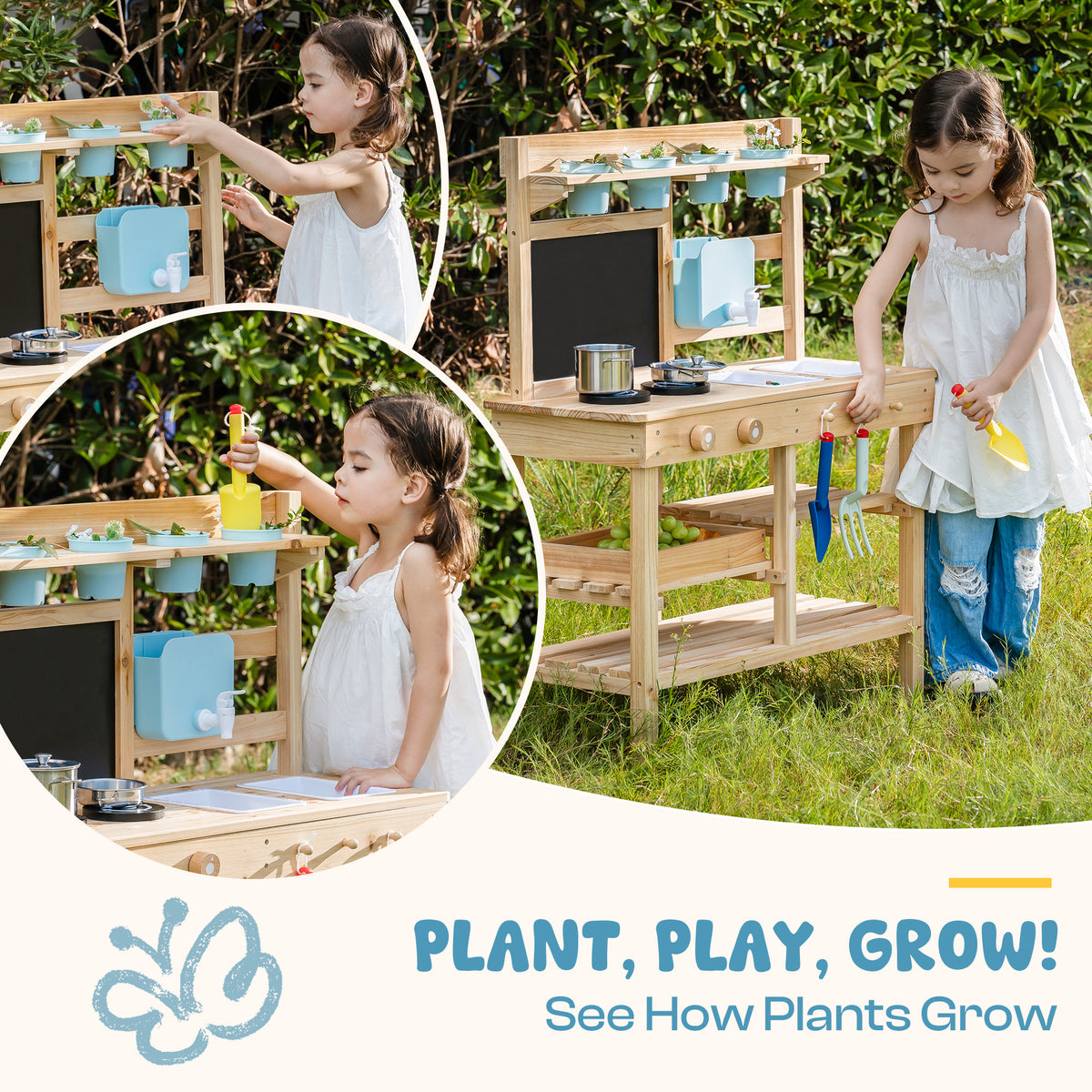ROBUD Outdoor Garden Mud Kitchen plant, play, grow view showing three panel collage of girl gardening and playing at the outdoor wooden kitchen station
