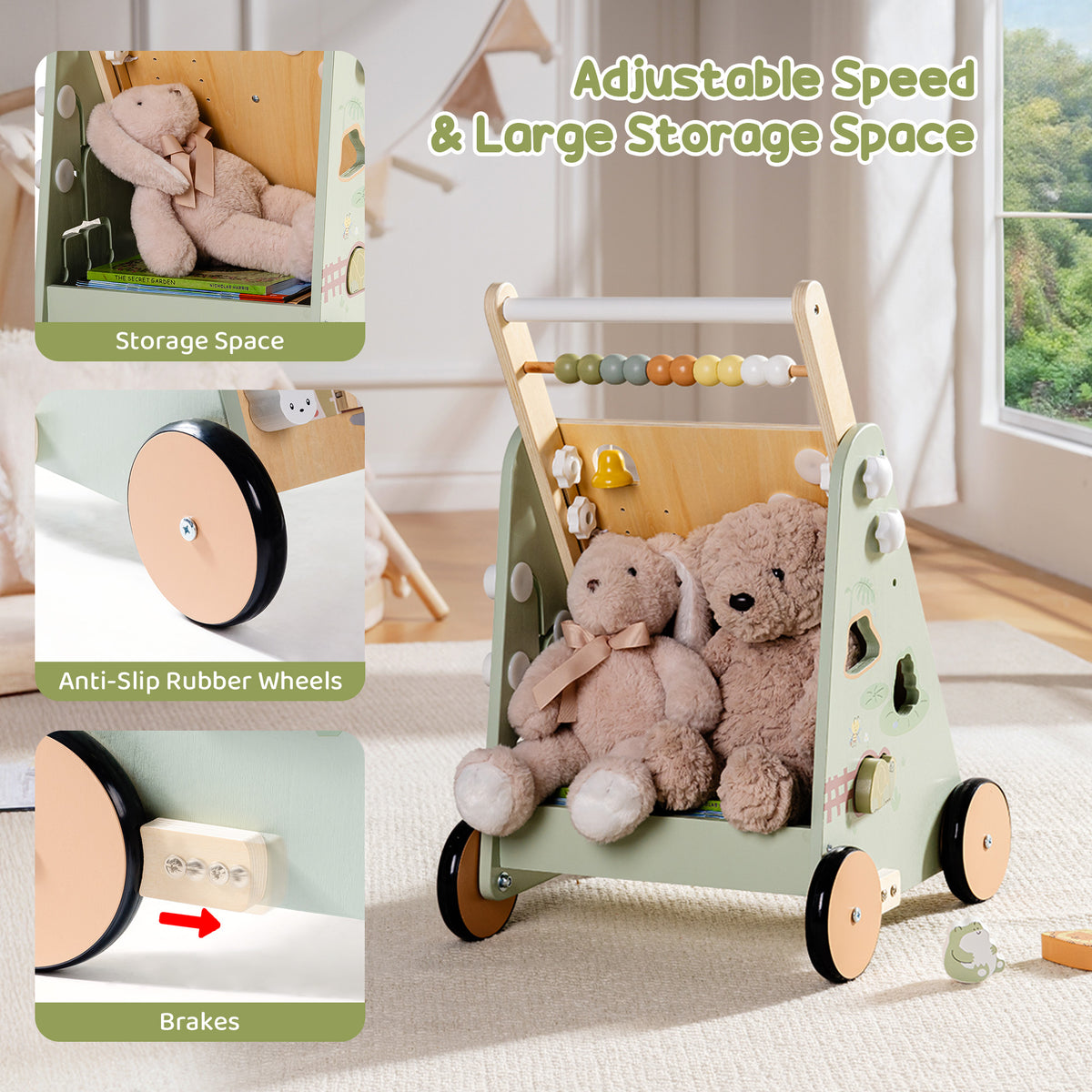 ROBUD Forest Fairy Baby Push Walker adjustable speed and storage space view showing storage compartment, anti-slip rubber wheels and brake detail in sage green