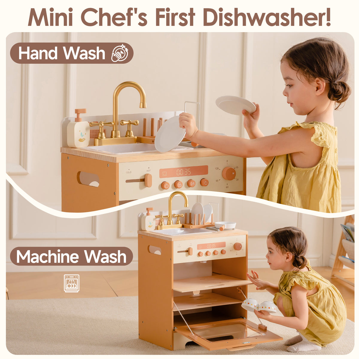 ROBUD Mini Caramel Dishwasher feature panel showing hand wash sink and machine wash compartment with lifestyle insets