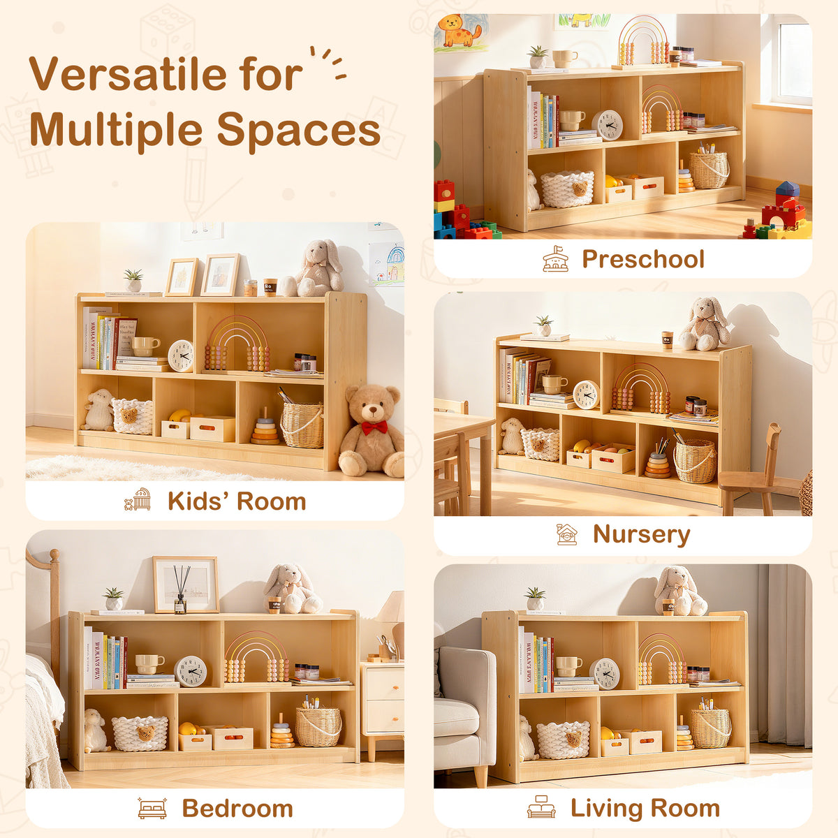 ROBUD Wooden Storage Cabinet versatile placement showing preschool, kids room, nursery, bedroom and living room settings