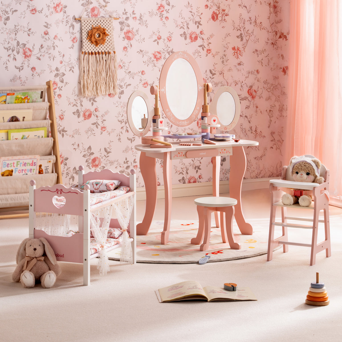 ROBUD princess play set featuring a triple-mirror vanity doll cradle and high chair styled in a rosy bedroom.