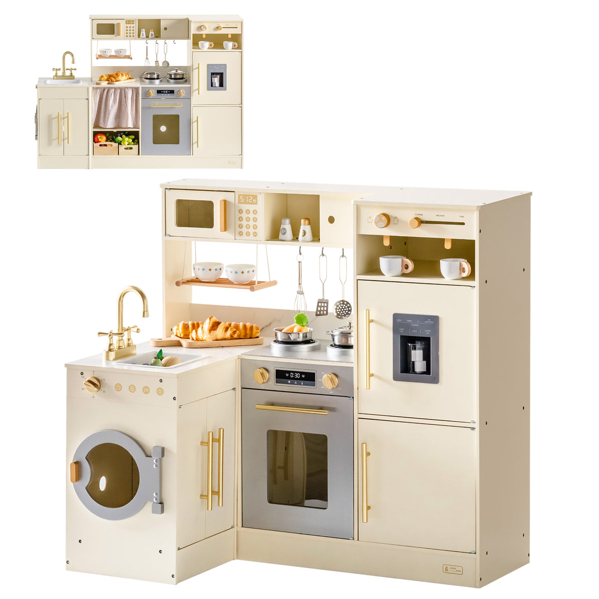 ROBUD all-in-one corner play kitchen in cream with washing machine oven microwave and refrigerator modules combined.