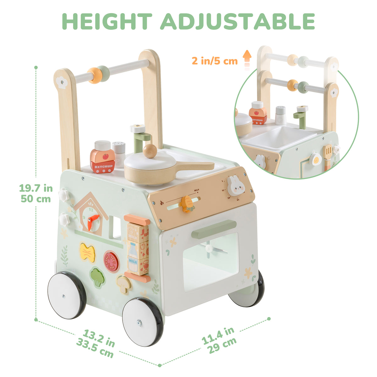 ROBUD Spring Countryside wooden baby push walker height adjustment diagram showing a mint-green kitchen cart walker at 19.7 inches with adjustable handle