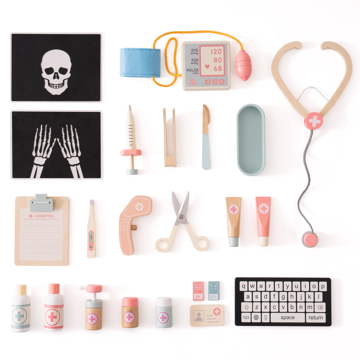 ROBUD wooden doctor activity set showing all accessories flat lay including x-ray films, blood pressure monitor, stethoscope, and keyboard with labels