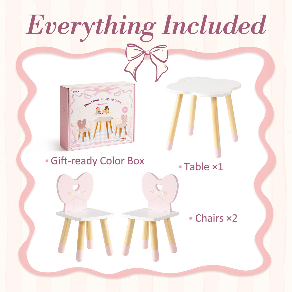 ROBUD doll table and chairs set contents laid out showing white flower-shaped table, two pink heart-back chairs, and gift-ready color box
