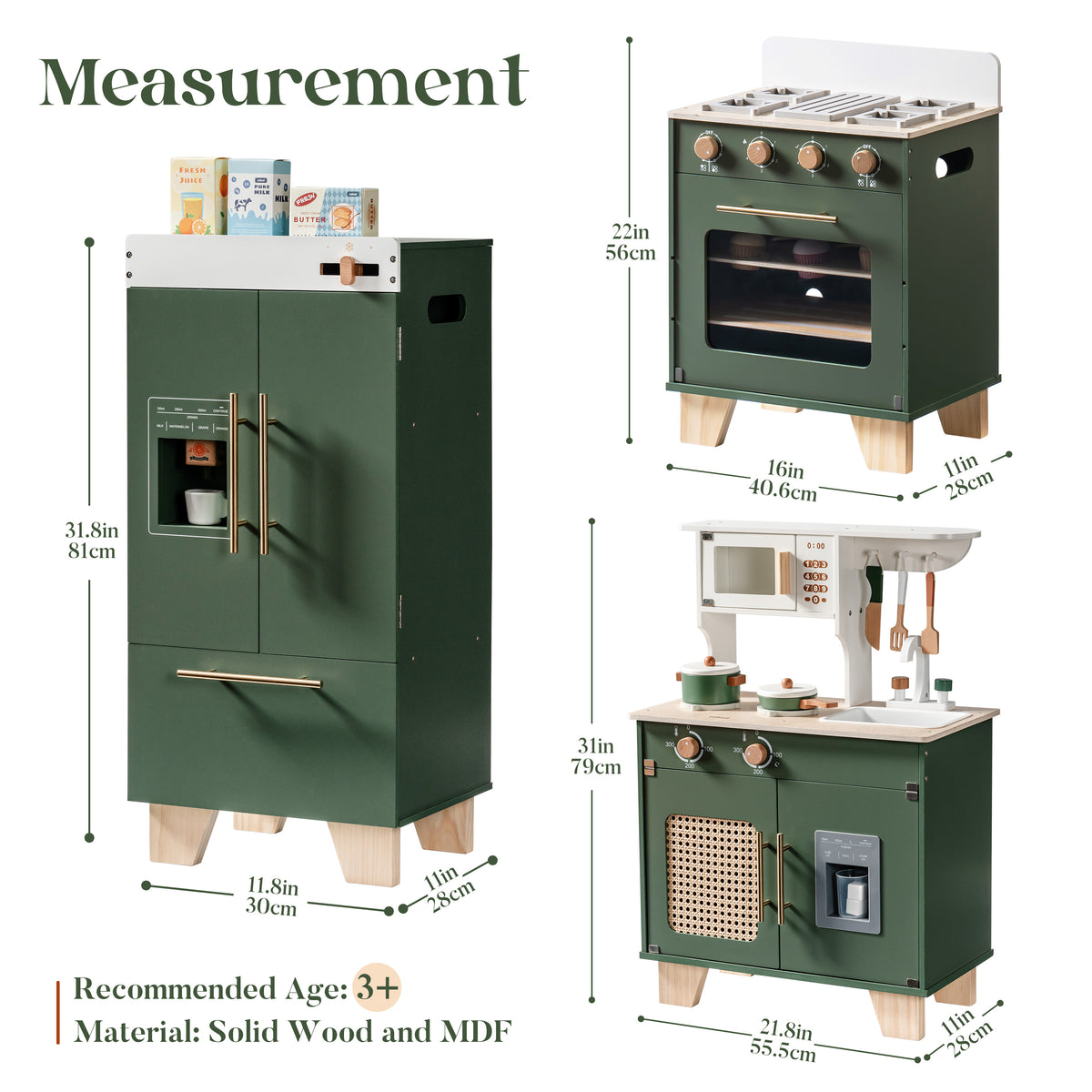 ROBUD vintage green 3-piece kitchen set showing measurement chart for stove and refrigerator units with natural wood legs