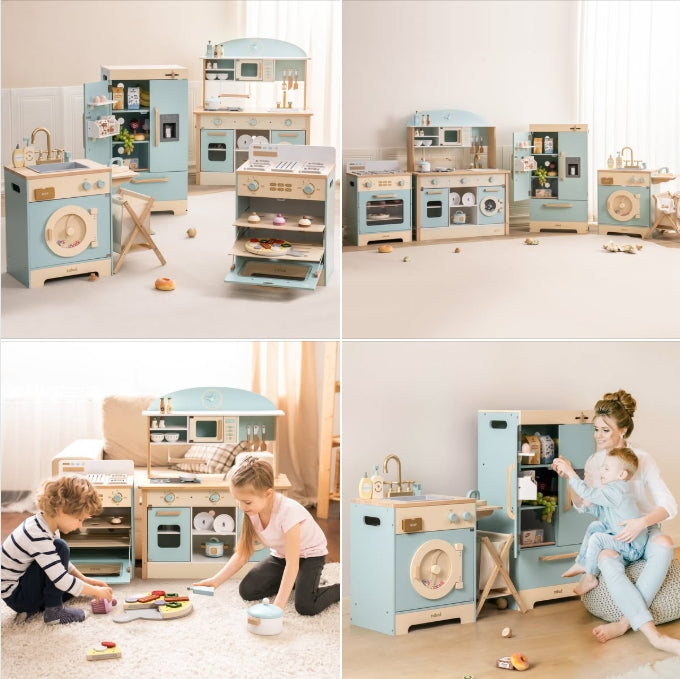 ROBUD wooden play kitchen collection in blue and natural wood with four-unit lifestyle scene showing children and parents engaged in imaginative kitchen play