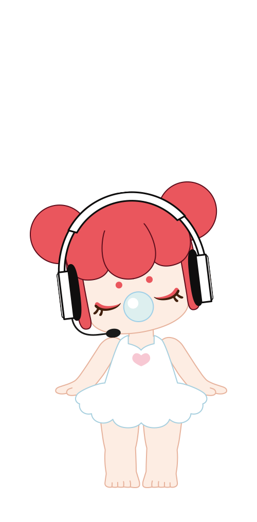 Rolife Nanci character illustration, cartoon girl with red bun hair in white dress wearing headset and blowing a bubble gum balloon
