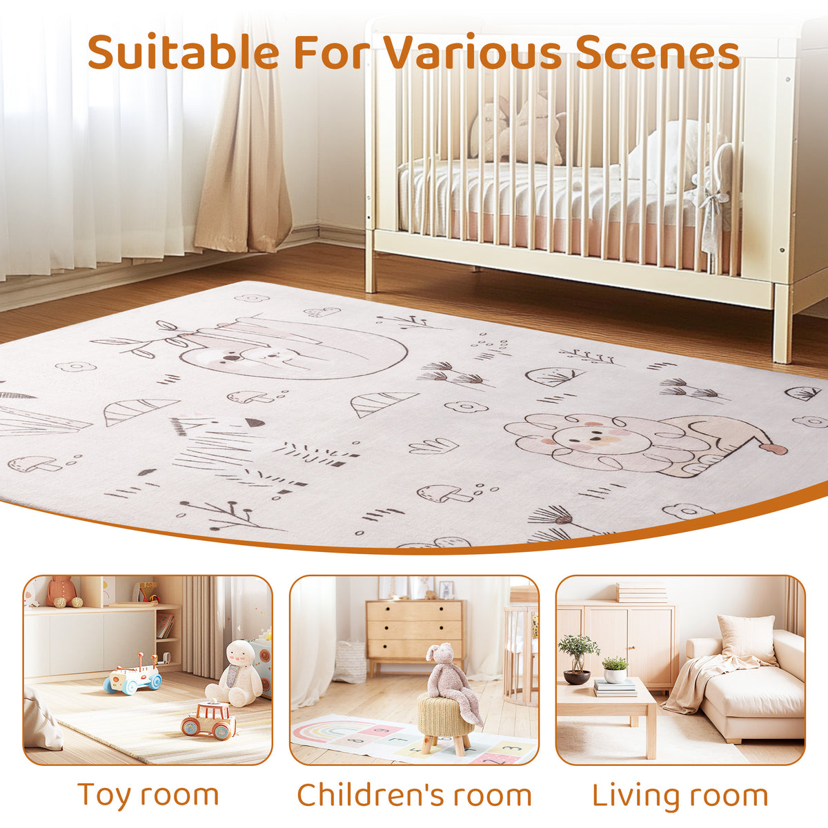 ROBUD baby play mat shown flat in a nursery beside a white crib, lifestyle composite showing the mat used as floor covering in a toy room, children's room and living room