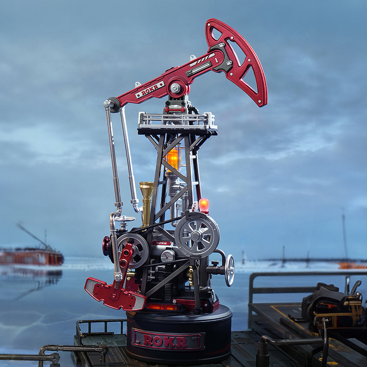 ROKR Oil Pump Jack Mechanical 3D Puzzle CGL03 3D wooden puzzle model, angled view showing detail and craftsmanship