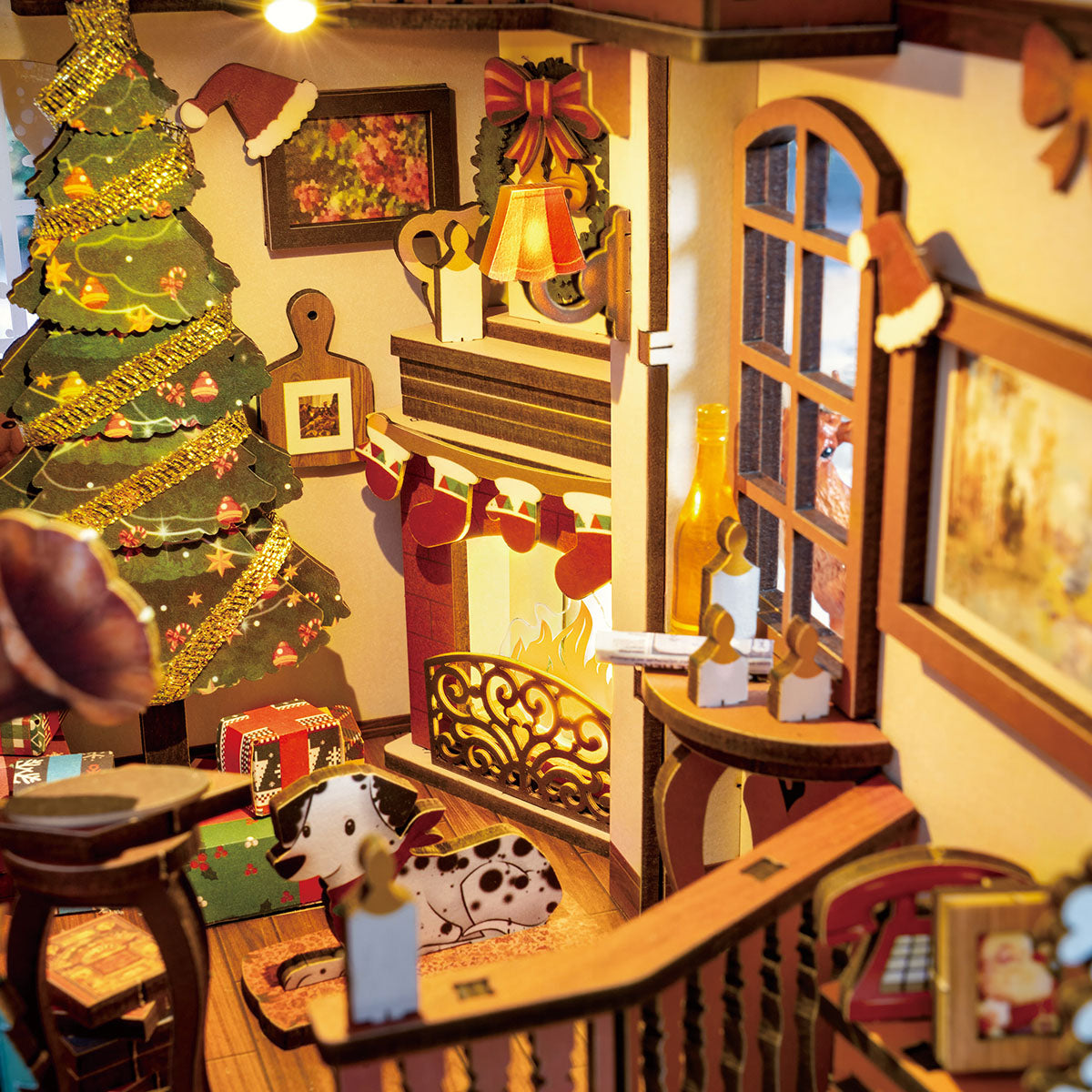 Warm miniature Christmas indoor scene with tree, sofa, gifts, staircase, and snowman.