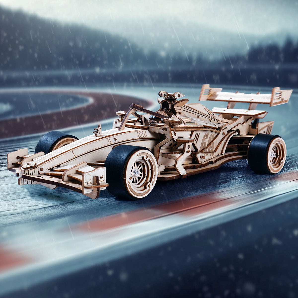 ROKR wooden racing car on a wet road surface with blurred city lights behind it.