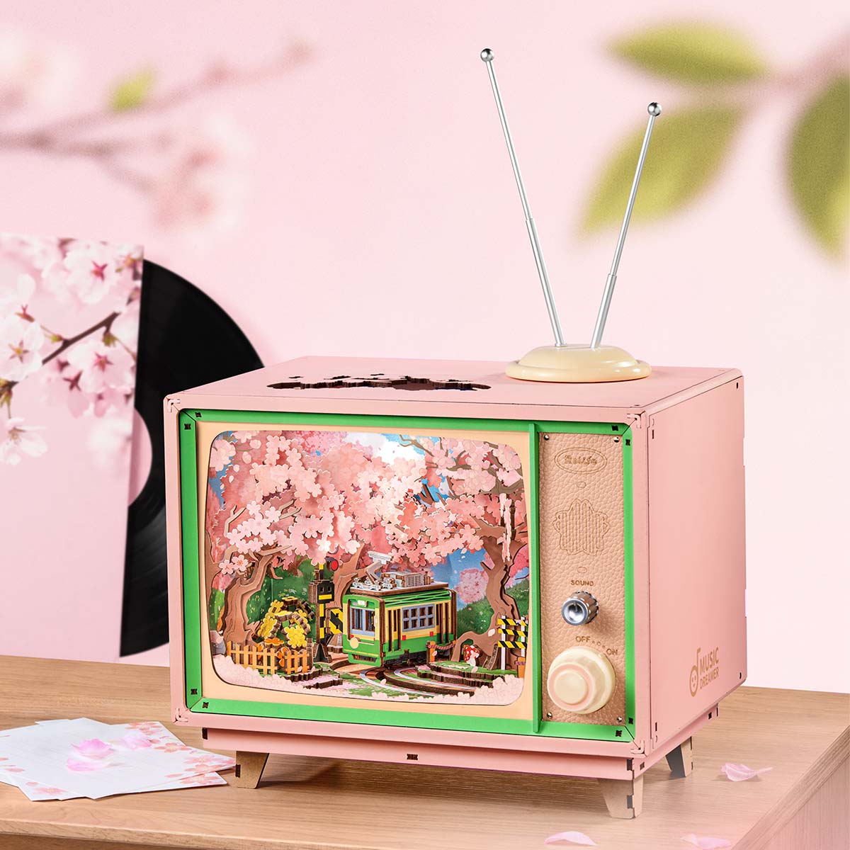 Rolife Sakura Dreamy Tour DIY music box 3D wooden puzzle, detail close-up AMT02