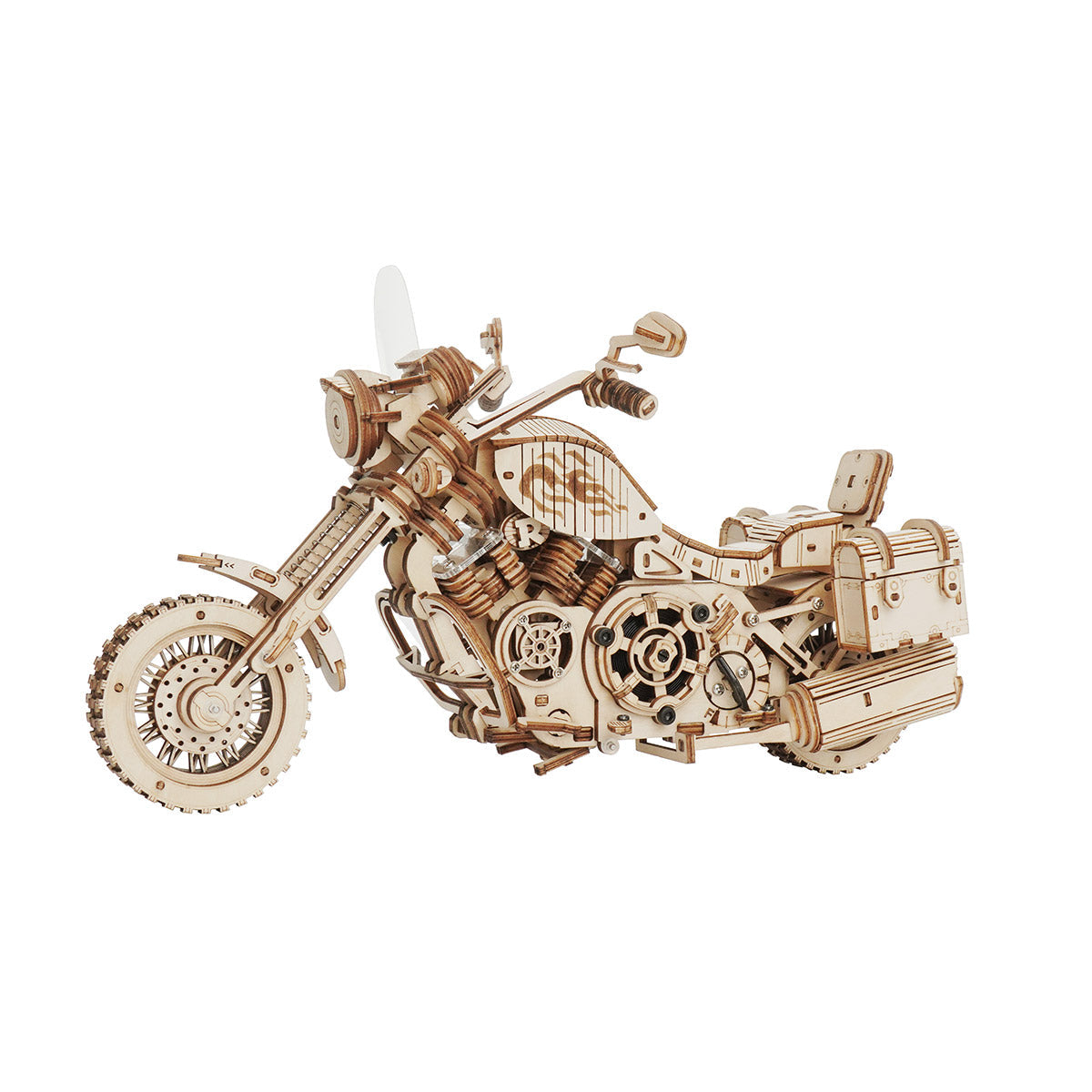 ROKR Cruiser Motorcycle 3D wooden puzzle completed model front view on clean white background